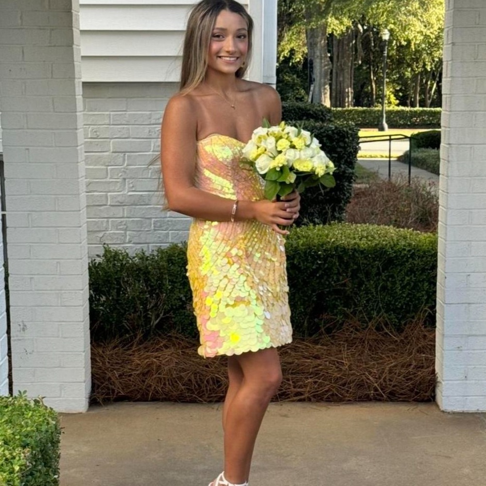Sherri Hill Strapless Iridescent Yellow Sequin Mini Dress